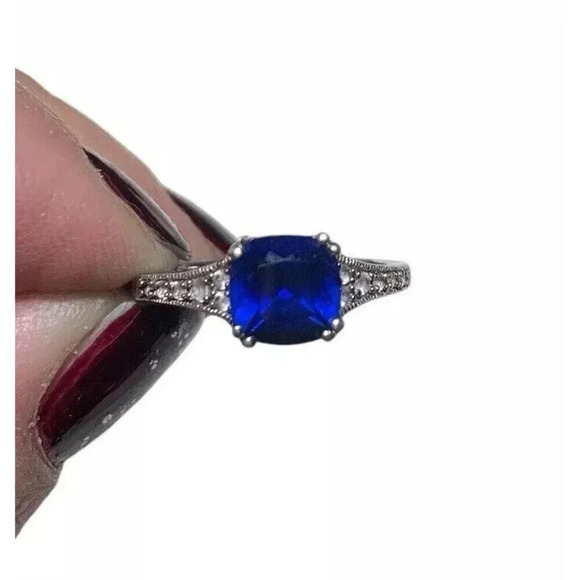 Sterling Silver Sapphire Ring Size 7 Lab Created Square Stone Cubic Zircona - Picture 1 of 8